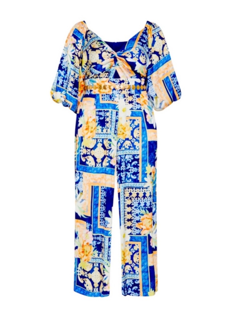 NWT CITY CHIC Marseille Floral Rose Gold Chain Belt Puff Slv Flowy Jumpsuit XL